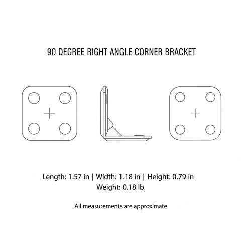 Diagram of Right Angle Corner Bracket 1.57 x 1.18 Inch Cold Rolled Steel Furniture Reinforcement for Shelves and Cabinets.