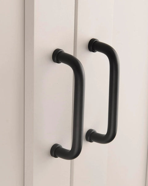 Five Pack Matte Black Modern Cabinet Pulls 3.75 Inch Hole Center 96mm Dresser Drawer Cupboard Handles mounted on white door