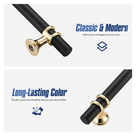 Matte Black And Gold Cabinet Pulls 5 Inch Center To Center 7 Inch Long Drawer Handles close-up of black handle with gold accent.