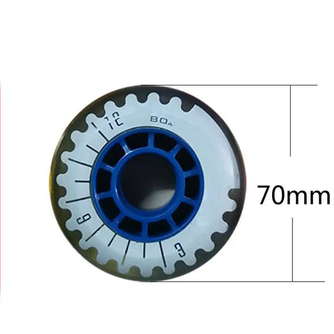 Close-up of Outdoor And Indoor Inline Skate Wheels 70mm 80A Replacement Pack Of 8 with blue interior and size markings.