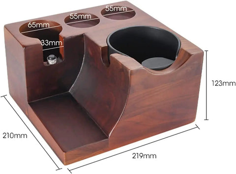 Slick Wooden Coffee Knock Box With A Solid Built In Tamping Station And Smart Hidden Compartment dimensions and detail view.