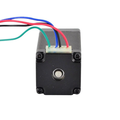 Front view of black NEMA 11 bipolar micro stepper motor with 4-wire connector