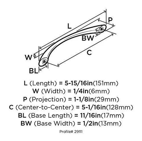 Technical diagram for Drawer Pull Satin Nickel Five And One Sixteenth Inch Center To Center Contemporary Cabinet Hardware.