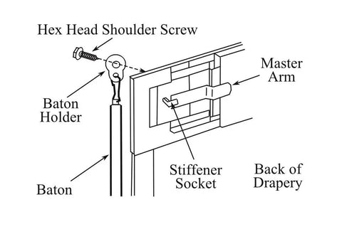 Diagram showing assembly with hex head shoulder screw and baton holder for one quarter inch shoulder bolts with nickel finish for drapery batons.