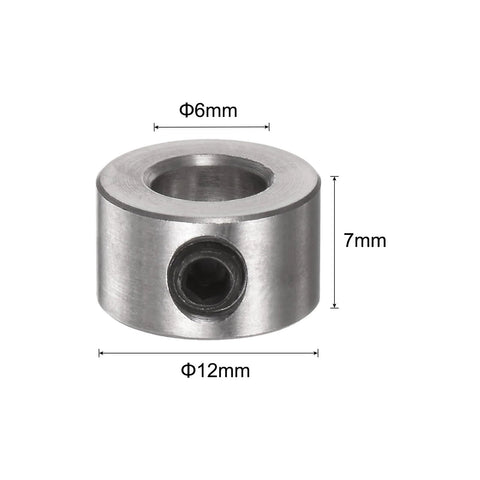 Stainless steel shaft collar with set screw; 6mm bore, 12mm outer diameter, 7mm wide