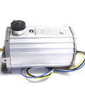 Dexter K71-651-00 electric/hydraulic brake actuator, side view, aluminum housing and four-wire harness