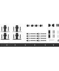 60 Inch Mini Barn Door Hardware Kit For Double Cabinet Doors Top Mount Matte Black Finish Trim To 55 Inches Includes Flat Rail, Four Rollers, Four Stops, Door Guide, Rails Mounting Brackets For Doors Three Quarters Inch Thick, And Hardware displayed on white background.