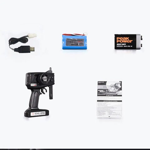 Heng Long 2.4G RC Fire Fighting Boat remote, 7.4V LiPo battery, USB charger, manual, and accessories set displayed