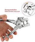 Hand holding Heavy Duty Eyelet Pliers Kit With 100 Steel Eyelets, 6.5 Inch Grommet Tool for Plastic, Paper, and Card shown in close-up.