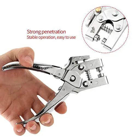 Hand holding Heavy Duty Eyelet Pliers Kit With 100 Steel Eyelets, 6.5 Inch Grommet Tool for Plastic, Paper, and Card shown in close-up.