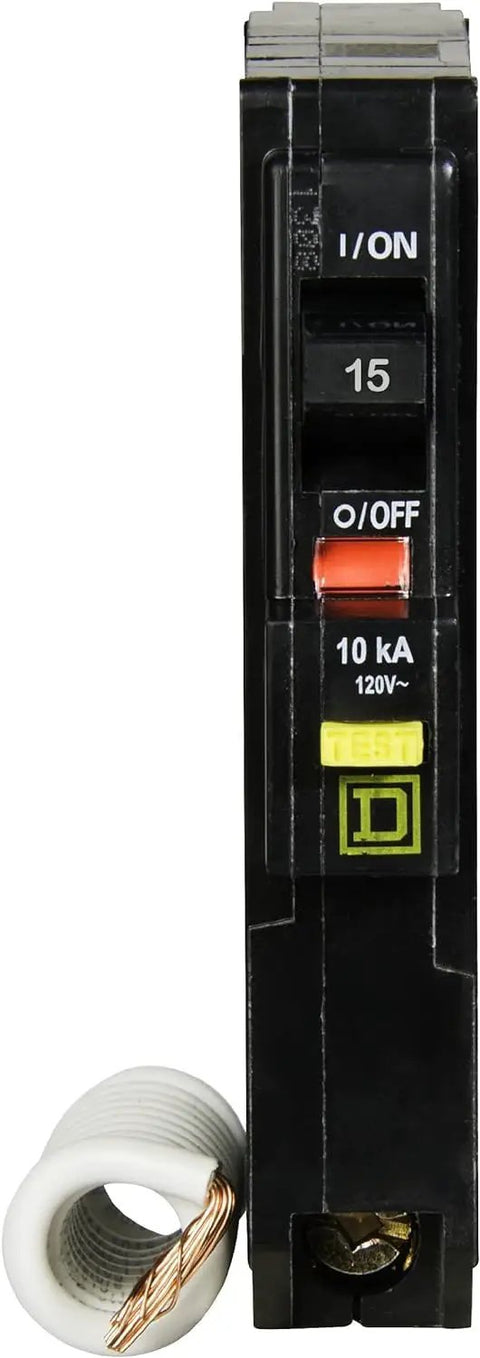 QO Qwik-Gard 15 Amp Single Pole GFCI Circuit Breaker For QO Panels, 120 Volt AC, 1 Space Plug-On Design, front view with coil