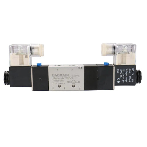 5 Way 3 Position Pneumatic Solenoid Valve With Exhaust Center Function, Double Coil Air Control Valve, DC 12V, Quarter Inch Ports, IP65 Rated