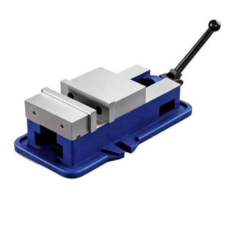 Heavy Duty CNC Milling Vise Packing Killer Grip Steel Jaws And Quick Release Mount For Your Benchtop Shop Beast Class Precision Angle Lock Fixture Built Tough For All Day Machining Runs, blue and silver finish.