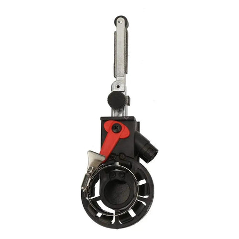 Heavy Duty Belt Sander Adapter For Angle Grinder featuring five eighth inch thread, red and black design, compact size for efficient sanding.