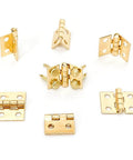 Gold Mini Brass Hinges Set for Dollhouse and Tiny Furniture, multiple angles showing 100 Pcs 10x8mm 180 Degree Swing Hinges.