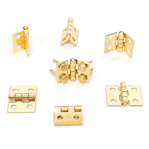 Gold Mini Brass Hinges Set for Dollhouse and Tiny Furniture, multiple angles showing 100 Pcs 10x8mm 180 Degree Swing Hinges.