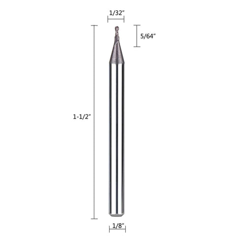 SpeTool carbide ball-nose end mill, 1/32 in cutting diameter, 1/8 in shank