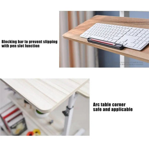 Adjustable Height Portable Laptop Table With Easy Roll Casters And Hidden Storage Shelf featuring a blocking bar and arc table corner.