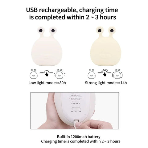 Slug Night Light Squishy Silicone Lamp highlighting low and strong light modes, USB rechargeable, BPA free, cozy ambiance.