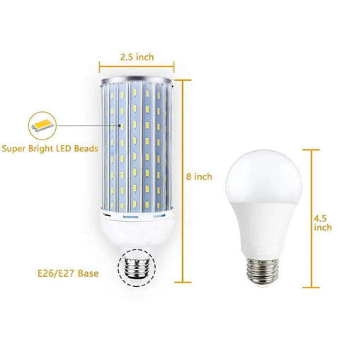 Ultra Bright 60W LED Corn Light Bulb E26 E27 Base 6000K Daylight 6000LM High Bay Indoor Outdoor with size dimensions and details
