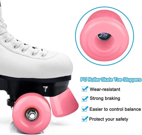 Pink 8 Pack Roller Skate Wheels With Bearings Installed And Toe Stoppers for Double Row Quad Skates Indoors Or Outdoors 32mm By 58mm 82A