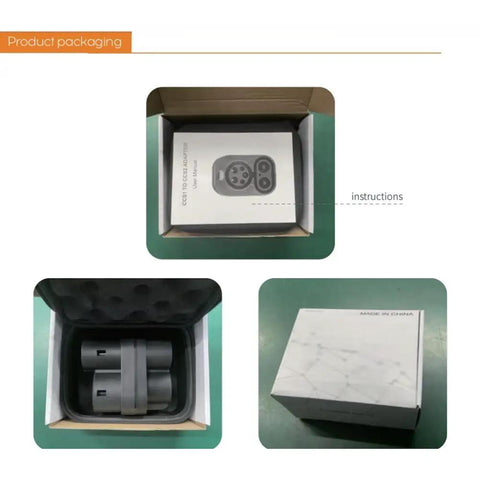 Heavy Duty CCS1 to CCS2 EV Charger Adapter DC Fast Charging Connector rated at 1000V and 250A in packaging with instructions.