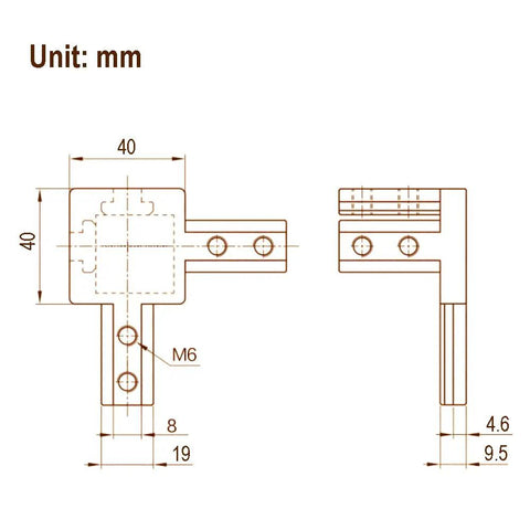 Technical drawing of 4 Piece Black 3 Way End Corner Bracket Connector With Screws for 8mm T Slot Aluminum Extrusion Profile 4040 Series