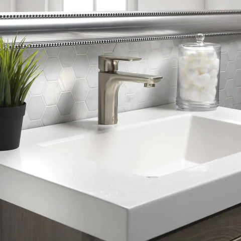Touchless Chrome Bathroom Faucet With Motion Sensor, One Handle 4 Inch Centerset in modern bathroom setting
