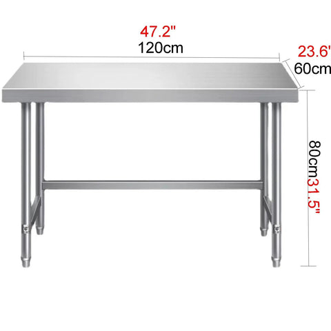 Badass Heavy Duty Stainless Steel Work Table With Open Storage Rack And Adjustable Legs Hella Durable Commercial Prep Counter Sweet For Packing And Quick Wipe Down, 47.2" size, front view.