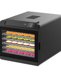 Heavy Duty Six Layer Electric Food Dehydrator For Fresh Fruits Veggies Beef Jerky And Homemade Pet Snacks Featuring Quiet Motor And Fast Dry Modes, black with transparent trays of fruits.