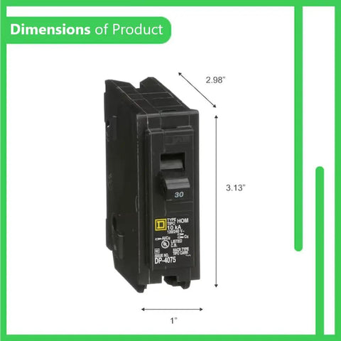 Square D Homeline 30 Amp Circuit Breaker Kit 1 Pack Single Pole 30A 120V 10kAIC UL Listed Plug-In for Load Center Panel Box Replacement Residential Grade Easy Install dimensions view 1x3.13x2.98 in