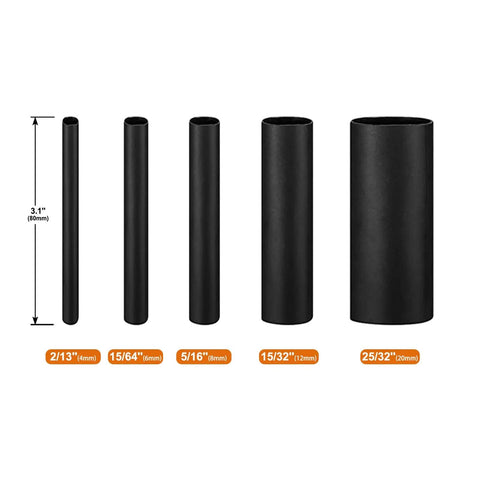 Five black sleeves from UL Listed Extra Long Heat Shrink Tubing Kit With Adhesive Lined Marine Grade Waterproof Seal 4 to 20mm sizes.