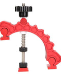 Close-up of Heavy Duty Aluminum T Track Clamp for Woodworking, quick acting hold down clamp with adjustable T slot and pivot points.