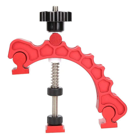 Close-up of Heavy Duty Aluminum T Track Clamp for Woodworking, quick acting hold down clamp with adjustable T slot and pivot points.