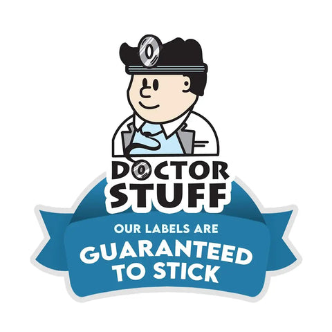 Doctor illustration with text 'Our labels are guaranteed to stick' below the image.