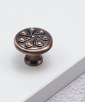 Antique Copper Round Cabinet Knob with decorative design, part of the 5 Pack for Drawers and Wardrobes, Zinc Alloy Decorative Pull Handles, 1-3/16 Inch Diameter