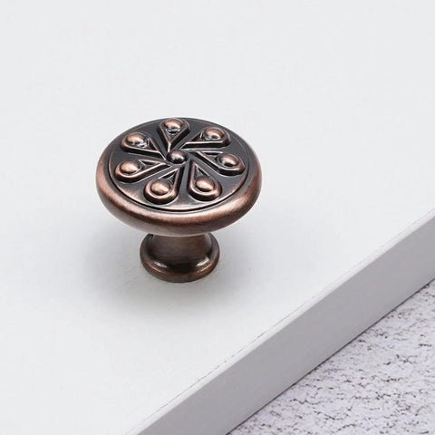Antique Copper Round Cabinet Knob with decorative design, part of the 5 Pack for Drawers and Wardrobes, Zinc Alloy Decorative Pull Handles, 1-3/16 Inch Diameter