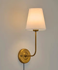 Two Pack Plug In Wall Sconces Antique Brass Vintage Industrial Style with Flared White Fabric Shade mounted on a wall