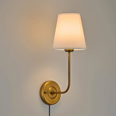 Two Pack Plug In Wall Sconces Antique Brass Vintage Industrial Style with Flared White Fabric Shade mounted on a wall