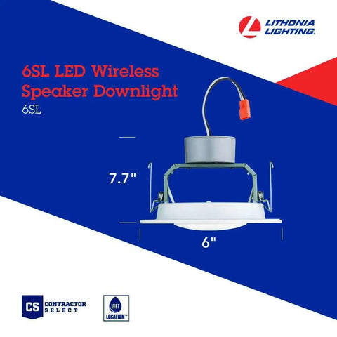 6-Inch Round Wireless Speaker Downlight LED With 4000K Cool White, 700 Lumens, White Trim, Battery Powered Li-Ion, Up To 6 Hours