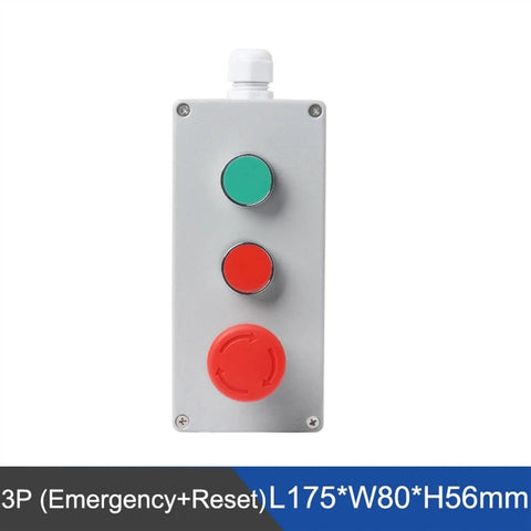 Metal push-button control box with green start button, red stop button, and red rotary reset dial; waterproof enclosure