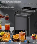 Countertop Nugget Ice Maker Makes Sweet Soft Chewable Bullet Ice Super Fast with Self Cleaning System and Non Slip Pads for Kitchens Bars Parties plus Portable Design fits any Spot like a Glove, showing various ice cube sizes.