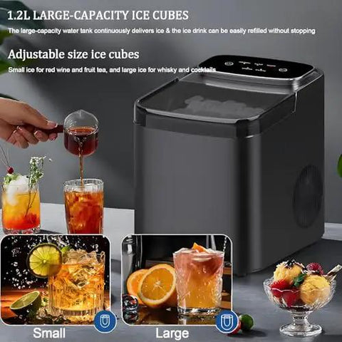 Countertop Pellet Ice Maker With Self Cleaning Build And Dual Bullet Sizes Delivers Soft Chewable Ice That Hits Different For Sodas Cocktails Fast Chilling And Weekend Vibes Super Handy For Kitchen Home Or Bar with adjustable large and small ice cubes.