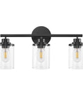 Three Light Matte Black Vanity Light With Clear Glass Shades For Bathroom, front view, modern and sleek design