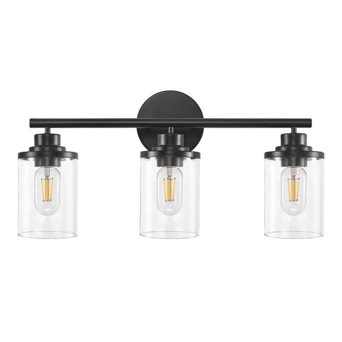 Three Light Matte Black Vanity Light With Clear Glass Shades For Bathroom, front view, modern and sleek design