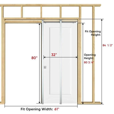 32 Inch By 80 Inch Sliding Pocket Door Kit With Track Hardware And Frame, White Paintable Door Slab, Satin Nickel Privacy Latch, Soft Close
