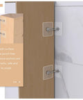 Four Pack Anti Tip Anchors For Furniture Stainless Steel And Acrylic, Adjustable Wall Mount Design, No Drill Required, Easy Install For Dressers Shelves TV Consoles Cabinets Keeping Kids Pets And Heavy Appliances Safe. Two wall-mounted anti-tip anchors on a cabinet.