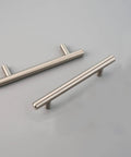 Brushed Nickel Stainless Steel Cabinet Pulls 6 Inch Overall Length With Four Inch Hole Centers And Half Inch Projection, pair on grey