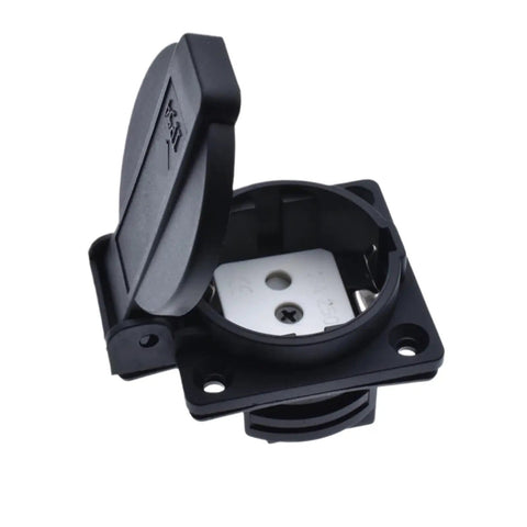 Badass CEE7 IP54 Waterproof Industrial Electrical AC Power Female Socket Rewireable Outlet Connector showing open cover.