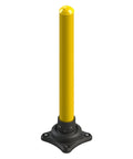 Hardened Steel Rebounding Bollard Post With Shock Absorbing Elastomer Base For Bulletproof Parking Area Security And Durable Vehicle Barrier Protection Built Tough As Nails In The USA At 4X42 in yellow with rubber base.